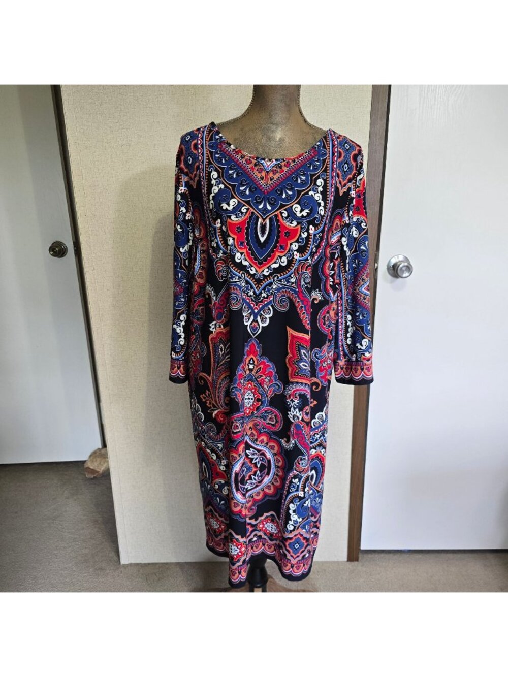 Chicos Size 4 Womens Midi Dress Multicolor Paisley 3/4 Sleeve
